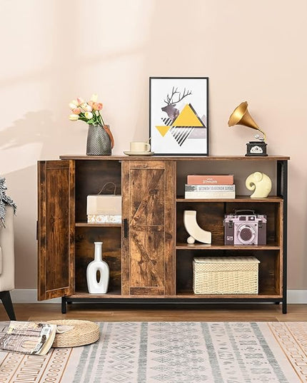 WEENFON Floor Storage Cabinet, Buffet Storage Cabinet with 2 Barn Doors, Industrial Sideboard with Adjustable Shelves, Buffet Table for Dining Room, Living Room, Kitchen, Rustic Brown - LeafyLoom