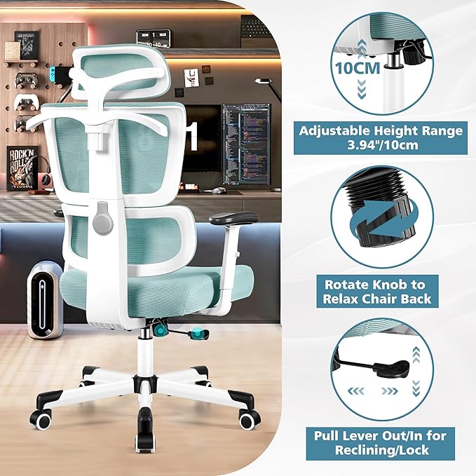 Primy Office Chair Ergonomic Desk Chair, High Back Computer Gaming Chair, Comfy Big and Tall Home Office Chair with Lumbar Support, Breathable Mesh Reclining Chair Adjustable Headrest(Light Blue) - LeafyLoom