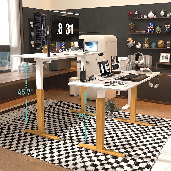 Monomi Electric Standing Desk, 55 x 28 inches Height Adjustable Desk, Ergonomic Home Office Sit Stand Up Desk with Memory Preset Controller (White Top/Wood Grain Frame) - LeafyLoom