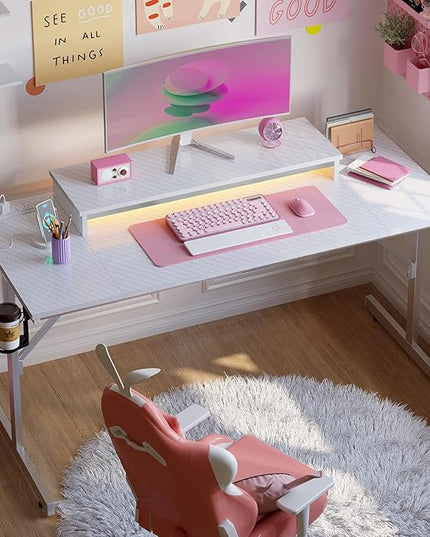 Bestier Small Gaming Desk with Power Outlets and USB Charging Ports, 52 inch Computer Desk with LED Lights and Monitor Stand, Gamer Desk for Home Office, Easy to Assemble, Carbon Fiber White - LeafyLoom
