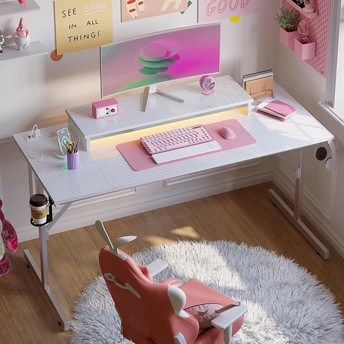 Bestier Small Gaming Desk with Power Outlets and USB Charging Ports, 52 inch Computer Desk with LED Lights and Monitor Stand, Gamer Desk for Home Office, Easy to Assemble, Carbon Fiber White - LeafyLoom