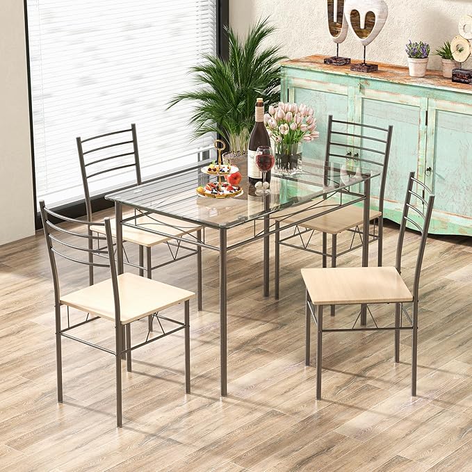 Tangkula Dining Table Set, Beige - LeafyLoom