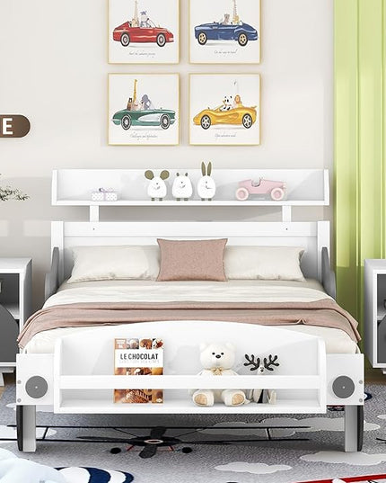 Twin Size Car-Shaped Platform Bed with 2 Storage Shelf,Kids Cars Beds W/Wheels,Slats Support,Saving Space,Easy Assembly,Wood Car Bedframe for Boys Toddlers Teens Bedroom,White - LeafyLoom