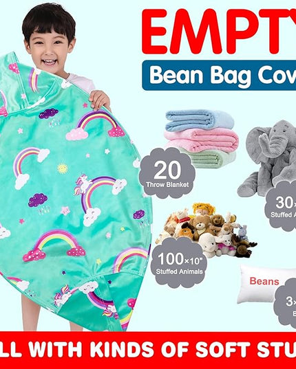 Lukeight Unicorns Stuffed Animal Storage Bean Bag Chair Cover for Kids, Unicorns Zipper Beanbag Chair Cover for Organizing Toddler & Kids' Rooms Plush Toys (Rainbow Green, XX-Large) - LeafyLoom