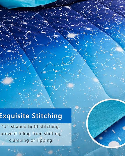 KAKKI Blue Ombre Glitter Galaxy Comforter Set Queen for Boys Girls, Sparkle Constellation Starry Sky Comforter for Kids Teen, 3pc Soft Bedding with 2 Pillow Cases for All Season - LeafyLoom