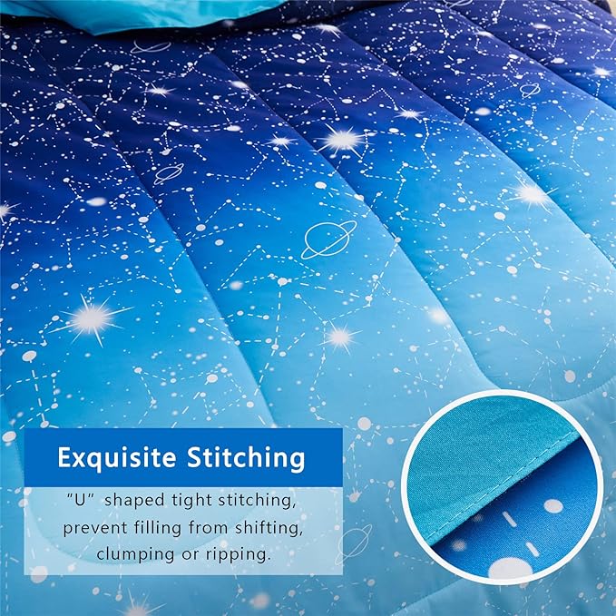KAKKI Blue Ombre Glitter Galaxy Comforter Set Queen for Boys Girls, Sparkle Constellation Starry Sky Comforter for Kids Teen, 3pc Soft Bedding with 2 Pillow Cases for All Season - LeafyLoom