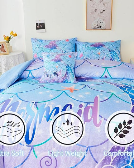 RYNGHIPY 6Pcs Mermaid Tail Comforter Set for Kids Girls, Mermaid Fish Scale Bed in a Bag Twin Size, Sparkle Teal Purple Rainbow Bedroom Decor Bedding Set - LeafyLoom
