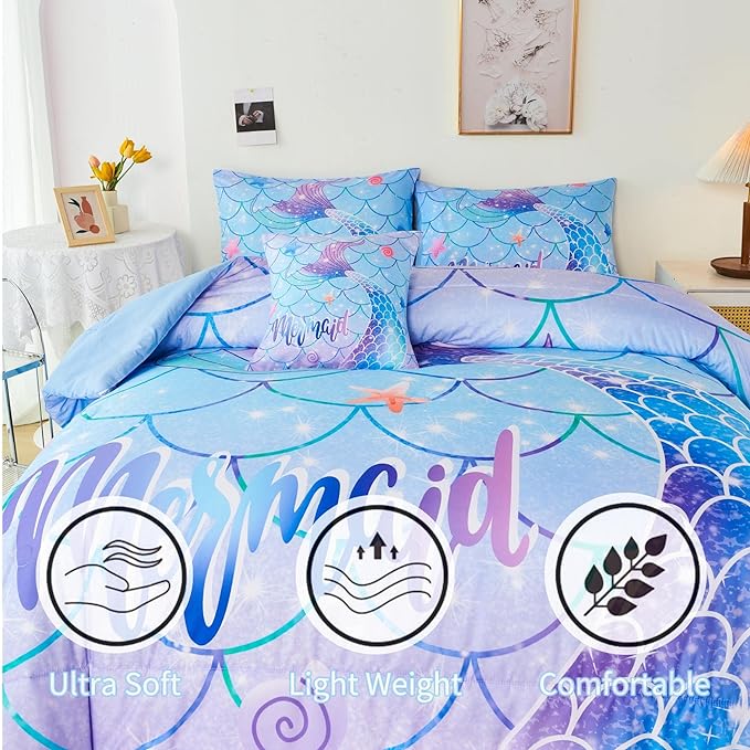 RYNGHIPY 6Pcs Mermaid Tail Comforter Set for Kids Girls, Mermaid Fish Scale Bed in a Bag Twin Size, Sparkle Teal Purple Rainbow Bedroom Decor Bedding Set - LeafyLoom