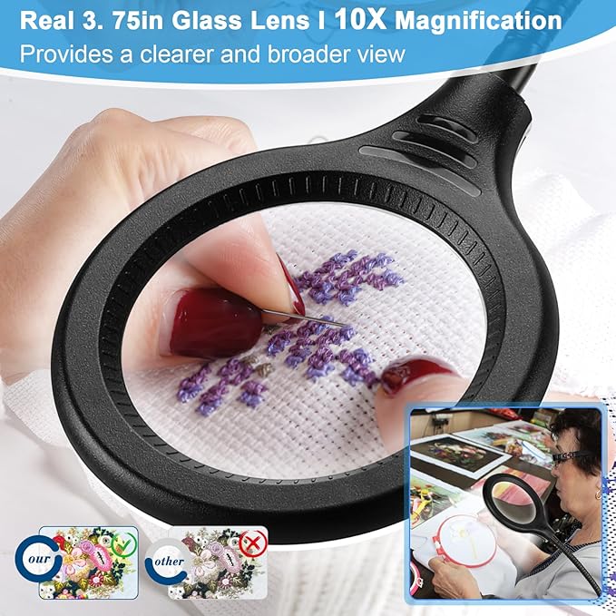 26" Gooseneck Magnifying Lamp with Clamp, 5 Color Modes Stepless Dimmable LED Desk Light with Magnifying Glass, 10X Real Glass Lighted Magnifier Hands Free for Painting Close Work Craft Hobby - LeafyLoom