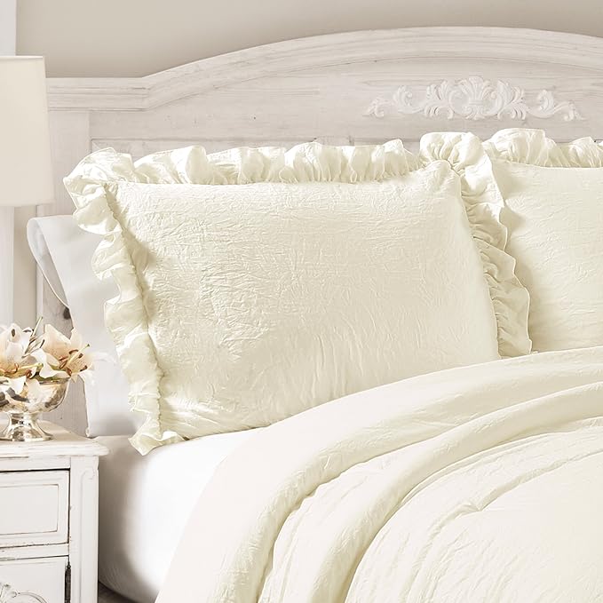 Lush Decor Reyna Ruffle Comforter Set - 3 Piece Cozy Ruffled Bedding Set - Timeless Elegance and Comfort for Bedroom - King, Ivory - LeafyLoom