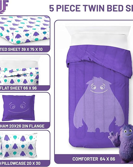 IF Imaginary Friends Twin Comforter Set - Purple 5 Piece Bed Set includes Sheet Set & Pillow Covers - Super Soft Kids Bedding Features Blue - LeafyLoom