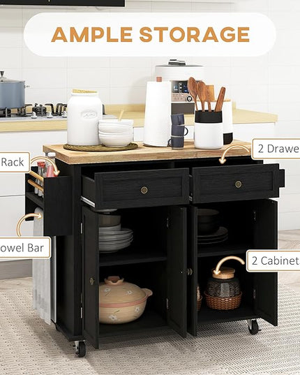 HOMCOM Kitchen Island on Wheels, Rolling Cart with Rubberwood Top, Spice Rack, Towel Rack and Drawers for Dining Room, Distressed Black - LeafyLoom