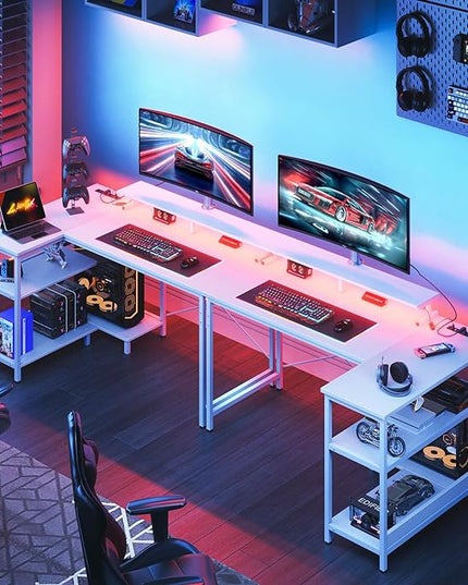 ODK 48 Inch Gaming Desk with USB Charging Ports and LED Lights, Reversible L Shaped Computer Desk with Storage Shelves & Monitor Stand, Corner Home Office Desk Table with Power Outlets, White - LeafyLoom