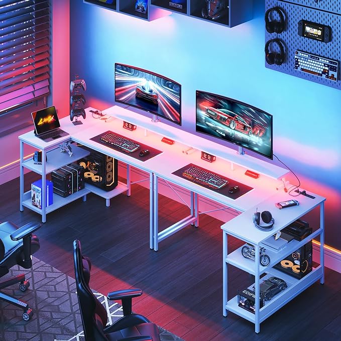 ODK 48 Inch Gaming Desk with USB Charging Ports and LED Lights, Reversible L Shaped Computer Desk with Storage Shelves & Monitor Stand, Corner Home Office Desk Table with Power Outlets, White - LeafyLoom