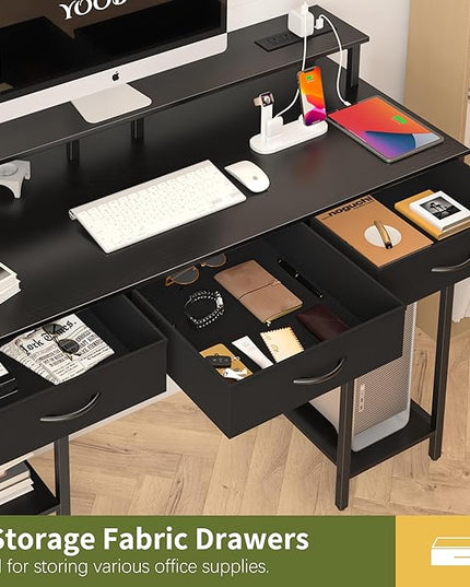 Yoobure Computer Desk with Drawers, Office Desk with LED Lights & Outlets, Small Desk with Storage Shelves, Gaming Desk 48" Home Office Desks with Monitor Stand, Writing Desk for Bedroom Small Spaces - LeafyLoom