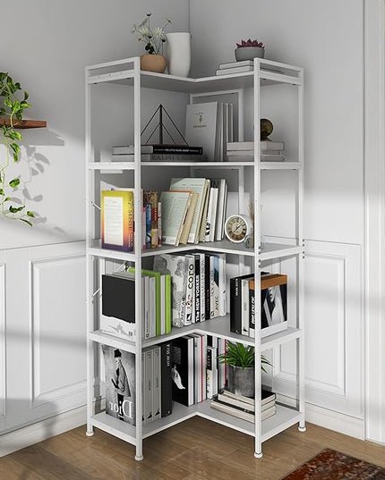 Bookshelf 5 Tier Deformable Corner Bookcase Free Standing Modern Industrial Book Storage Display Book Shelf for Bedroom Living Room Study Room Office (White) - LeafyLoom