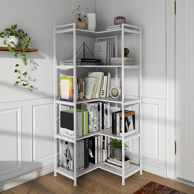 Bookshelf 5 Tier Deformable Corner Bookcase Free Standing Modern Industrial Book Storage Display Book Shelf for Bedroom Living Room Study Room Office (White) - LeafyLoom