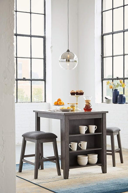 Signature Design by Ashley Caitbrook 25" Counter Height Dining Room Table Set with 2 Saddle Barstools & Storage, Gray - LeafyLoom