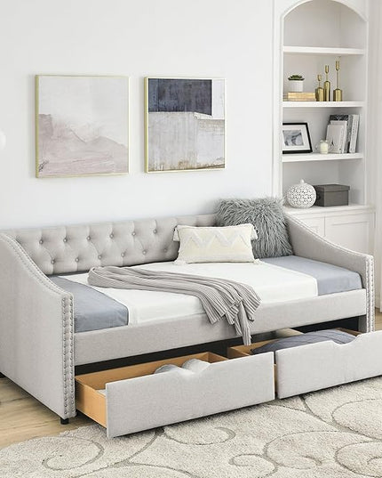 Twin Size Upholstered Daybed with Two Storage Trundle Drawers, Solid Wooden Bed Frame w/Button Tufted Backrest, No Box Spring Needed, for Kids, Bedroom, Dorm, Beige-3 - LeafyLoom