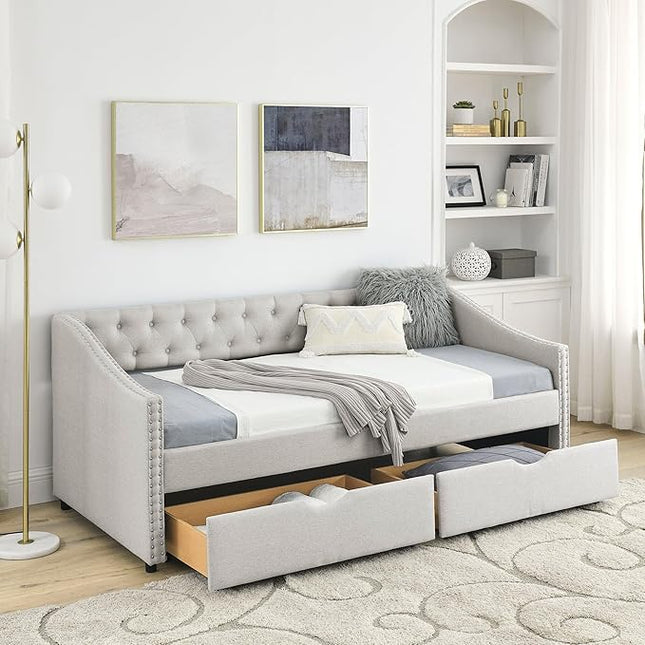 Twin Size Upholstered Daybed with Two Storage Trundle Drawers, Solid Wooden Bed Frame w/Button Tufted Backrest, No Box Spring Needed, for Kids, Bedroom, Dorm, Beige-3 - LeafyLoom