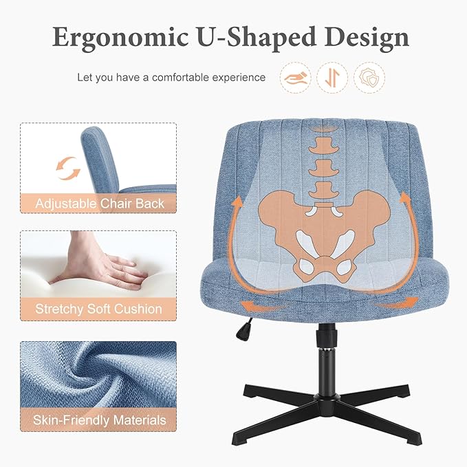 Sweetcrispy Criss Cross Chair Legged, Armless Office Desk Chair No Wheels, Swivel Vanity Chair, Height Adjustable Wide Seat Computer Task Chair, Fabric Vanity Modern Home Chair Blue - LeafyLoom