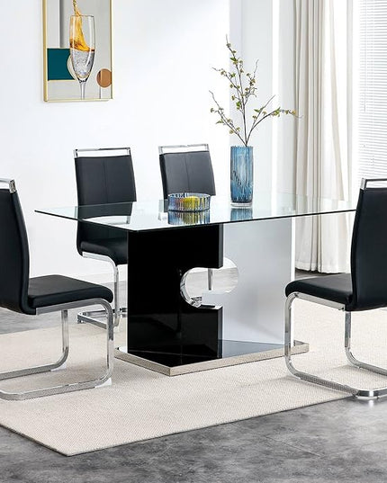 NicBex Large Modern Minimalist Rectangular Glass Dining Table for 6-8 with 0.39" Tempered Glass Tabletop and MDF Slab Special-Shaped Bracket for Kitchen Dining Room Banquet Hall, White + Black - LeafyLoom