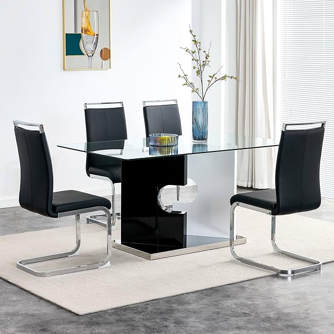 NicBex Large Modern Minimalist Rectangular Glass Dining Table for 6-8 with 0.39" Tempered Glass Tabletop and MDF Slab Special-Shaped Bracket for Kitchen Dining Room Banquet Hall, White + Black - LeafyLoom