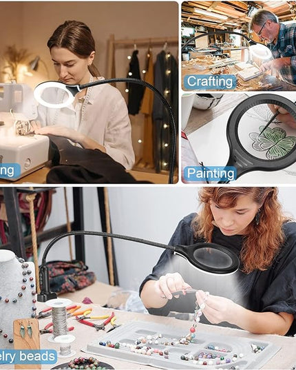26" Gooseneck Magnifying Lamp with Clamp, 5 Color Modes Stepless Dimmable LED Desk Light with Magnifying Glass, 10X Real Glass Lighted Magnifier Hands Free for Painting Close Work Craft Hobby - LeafyLoom