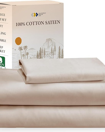 California Design Den Soft 100% Cotton Sheets Twin-XL Size Bed Sheet Sets with Deep Pockets, 3 Pc Extra Long Twin Sheets with Sateen Weave, Cooling Sheets (Beige) - LeafyLoom