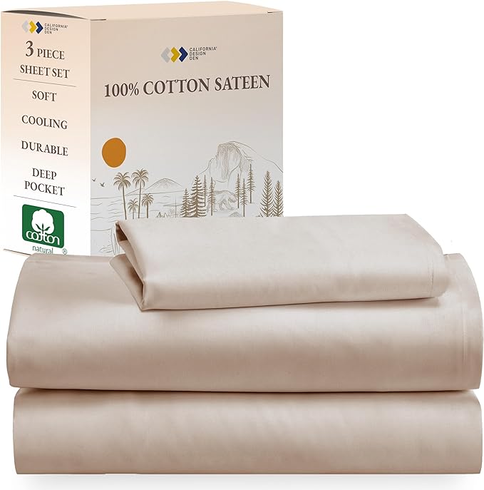 California Design Den Soft 100% Cotton Sheets Twin-XL Size Bed Sheet Sets with Deep Pockets, 3 Pc Extra Long Twin Sheets with Sateen Weave, Cooling Sheets (Beige) - LeafyLoom