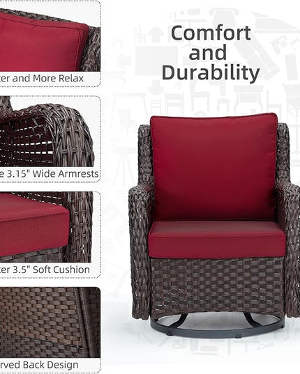 IDEALHOUSE 3 Pieces Outdoor Wicker Swivel Rocker Patio Set, 360-Degree Swivel Rocking Chair Elegant Wicker Patio Bistro Set with Tempered Glass Top Side Table (Rust Color) - LeafyLoom