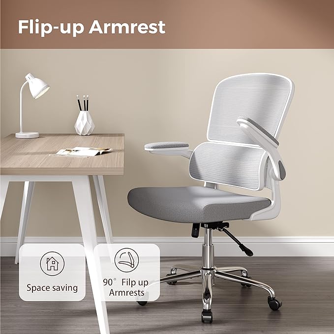 Ergonomic Office Chair, Comfortable Office Chair with Flip-up Arms, Adaptive Lumbar Support, Mesh Computer Chair with Thick Cushion, White Desk Chair with 90°-130° Tilt Function - LeafyLoom