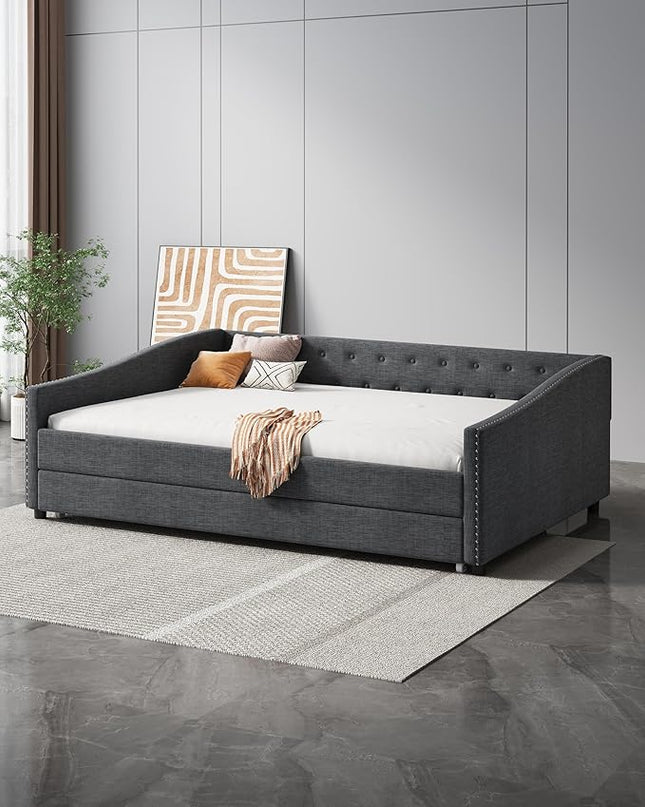 Full Size Daybed with Trundle, Upholstered Tufted Sofa Bed with Button on Back and Piping on Waved Shape Arms for Bedroom, Apartment, Living Room, Wooden Slats Support, Dark Grey - LeafyLoom
