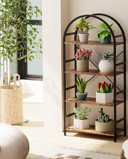4-Tier Bookshelf, 24 Inch Width Industrial Arched Bookcase, Vintage Storage Rack with Open Shelves, Free Standing Shelf for Home Office, Living Room,Bedroom, Rustic Brown - LeafyLoom
