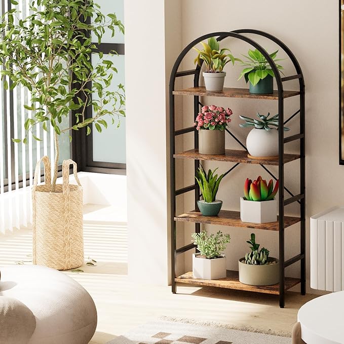 4-Tier Bookshelf, 24 Inch Width Industrial Arched Bookcase, Vintage Storage Rack with Open Shelves, Free Standing Shelf for Home Office, Living Room,Bedroom, Rustic Brown - LeafyLoom
