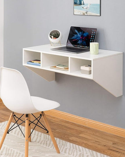 Wall Mounted Office Computer Desk with Three Compartments, White - LeafyLoom