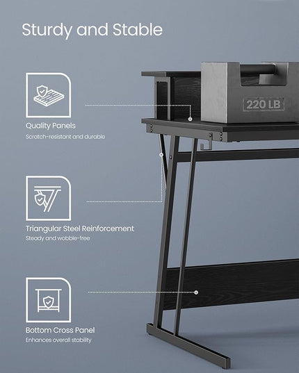 VASAGLE LED Gaming Desk with Power Outlets, Computer Desk with USB Ports, Office Desk with Monitor Stand for 2 Monitors, with Hooks, for Bedroom, 23.6 x 47.2 x 29.5 Inches Ebony Black ULWD092B56 - LeafyLoom