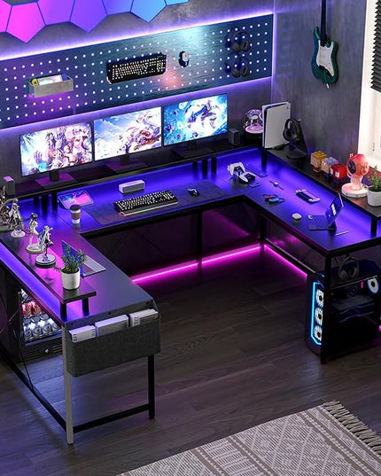U Shaped Computer Gaming Desk, Reversible L Shaped Desk with Power Outlets, LED Strip & Monitor Stand, Large Corner Desk with Storage Shelves for Home Office, Black - LeafyLoom