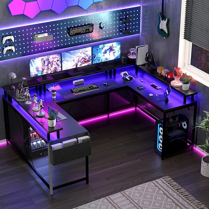U Shaped Computer Gaming Desk, Reversible L Shaped Desk with Power Outlets, LED Strip & Monitor Stand, Large Corner Desk with Storage Shelves for Home Office, Black - LeafyLoom