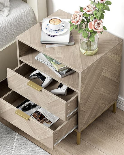 Anmytek Modern Nightstand for Bedroom, 2 Drawer Nightstand Square Bedside Table End Table with Storage for Bedroom, Sofa Side Table 2 Drawer Nightstand, Natural Oak, H0103 - LeafyLoom