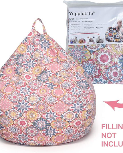 YuppieLife Kids Storage Bean Bag Cover（No Filling） Toy Organizer|Carrying Handle Sofa|Available for Kids and Teenager|Cuddle Chair|Machine Washable and Durable（27“,Pink Flowers） - LeafyLoom