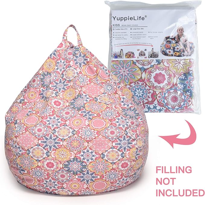YuppieLife Kids Storage Bean Bag Cover（No Filling） Toy Organizer|Carrying Handle Sofa|Available for Kids and Teenager|Cuddle Chair|Machine Washable and Durable（27“,Pink Flowers） - LeafyLoom