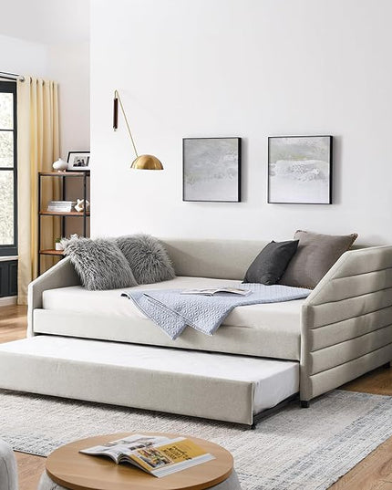 Linen Upholstered Full Size Daybed with Trundle, Solid Wood Tufted Sofa Bed Frame w/Pull Out Bed for Guest Room, Bedroom, Dorm, No Box Spring Needed, Beige - LeafyLoom
