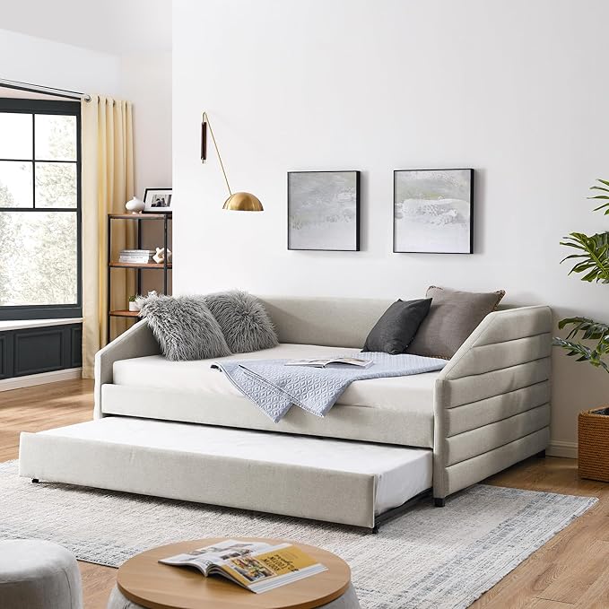 Linen Upholstered Full Size Daybed with Trundle, Solid Wood Tufted Sofa Bed Frame w/Pull Out Bed for Guest Room, Bedroom, Dorm, No Box Spring Needed, Beige - LeafyLoom