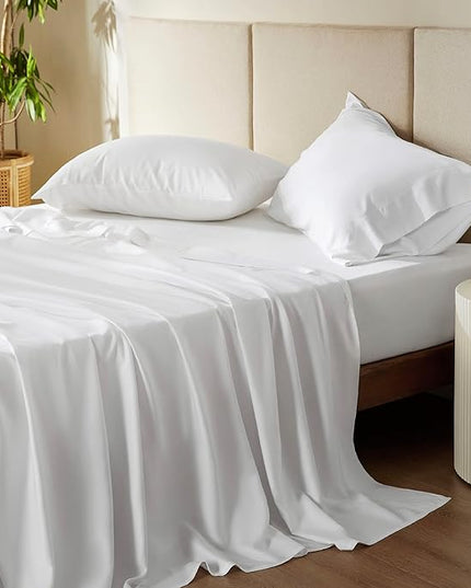 Bedsure Queen Sheets, Rayon Derived from Bamboo, Queen Cooling Sheet Set, Deep Pocket Up to 16", Breathable & Soft Bed Sheets, Hotel Luxury Silky Bedding Sheets & Pillowcases, White - LeafyLoom