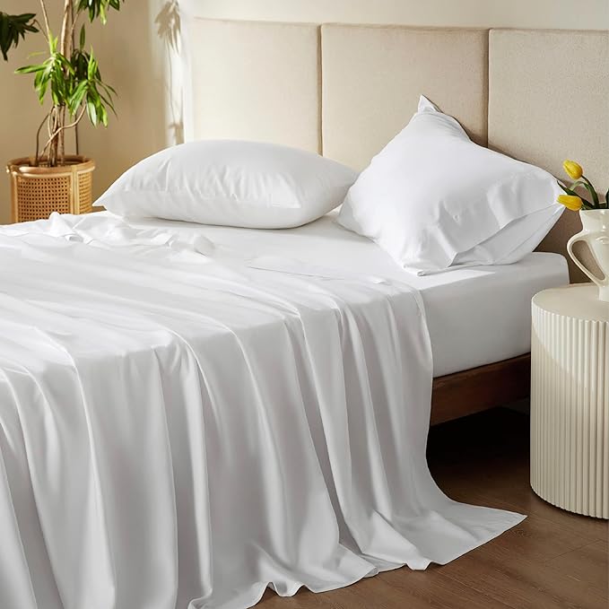 Bedsure Queen Sheets, Rayon Derived from Bamboo, Queen Cooling Sheet Set, Deep Pocket Up to 16", Breathable & Soft Bed Sheets, Hotel Luxury Silky Bedding Sheets & Pillowcases, White - LeafyLoom