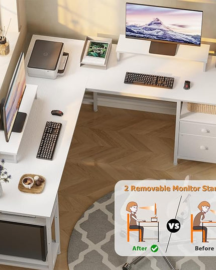 Furologee White 66" L Shaped Desk with Shelves, Reversible Corner Computer Desk with File Drawer & Dual Monitor Stand, Large Home Office Desk Writing Study Gaming Table Workstation - LeafyLoom