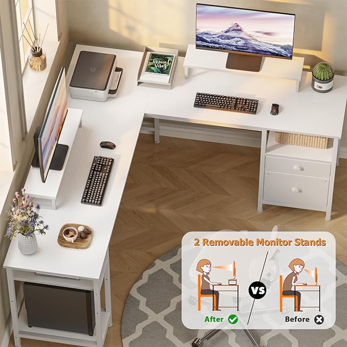 Furologee White 66" L Shaped Desk with Shelves, Reversible Corner Computer Desk with File Drawer & Dual Monitor Stand, Large Home Office Desk Writing Study Gaming Table Workstation - LeafyLoom
