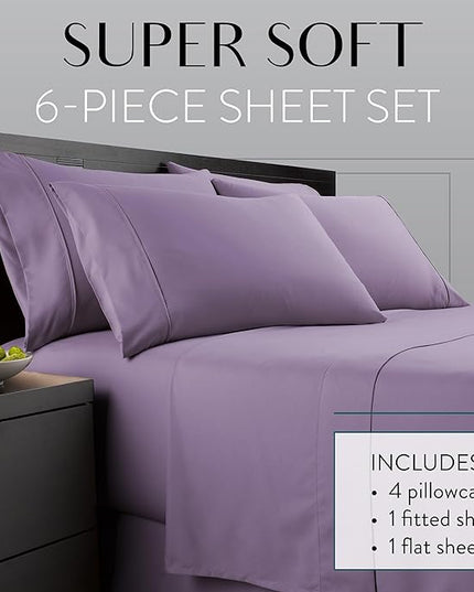 Danjor Linens King Size Sheets Set - 6 Piece Set Including 4 Pillowcases - Deep Pockets - Breathable, Soft Bed Sheets - Wrinkle Free - Machine Washable - Lavender King Bed Sheets - 6 pc - LeafyLoom
