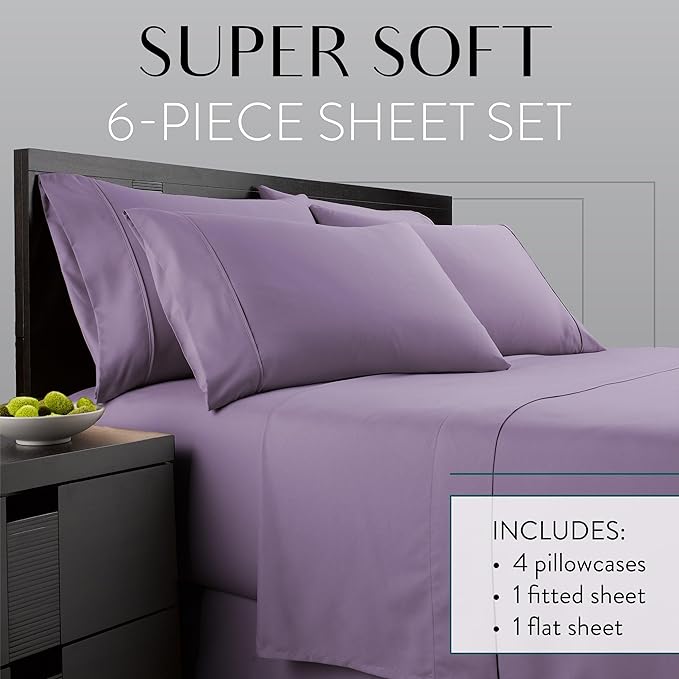 Danjor Linens King Size Sheets Set - 6 Piece Set Including 4 Pillowcases - Deep Pockets - Breathable, Soft Bed Sheets - Wrinkle Free - Machine Washable - Lavender King Bed Sheets - 6 pc - LeafyLoom